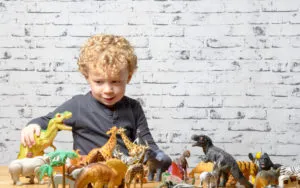 39514854 - a little child plays with toys animals and dinosaur